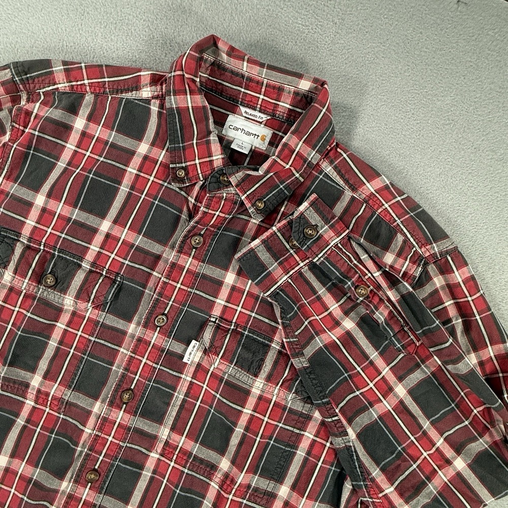 Carhartt Flannel Shirt Mens Large Red Relaxed Fit Plaid Long Sleeve 101756 001